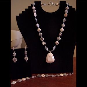 Handmade zebra stone bead necklace with pink Peruvian opal pendant & bracelet